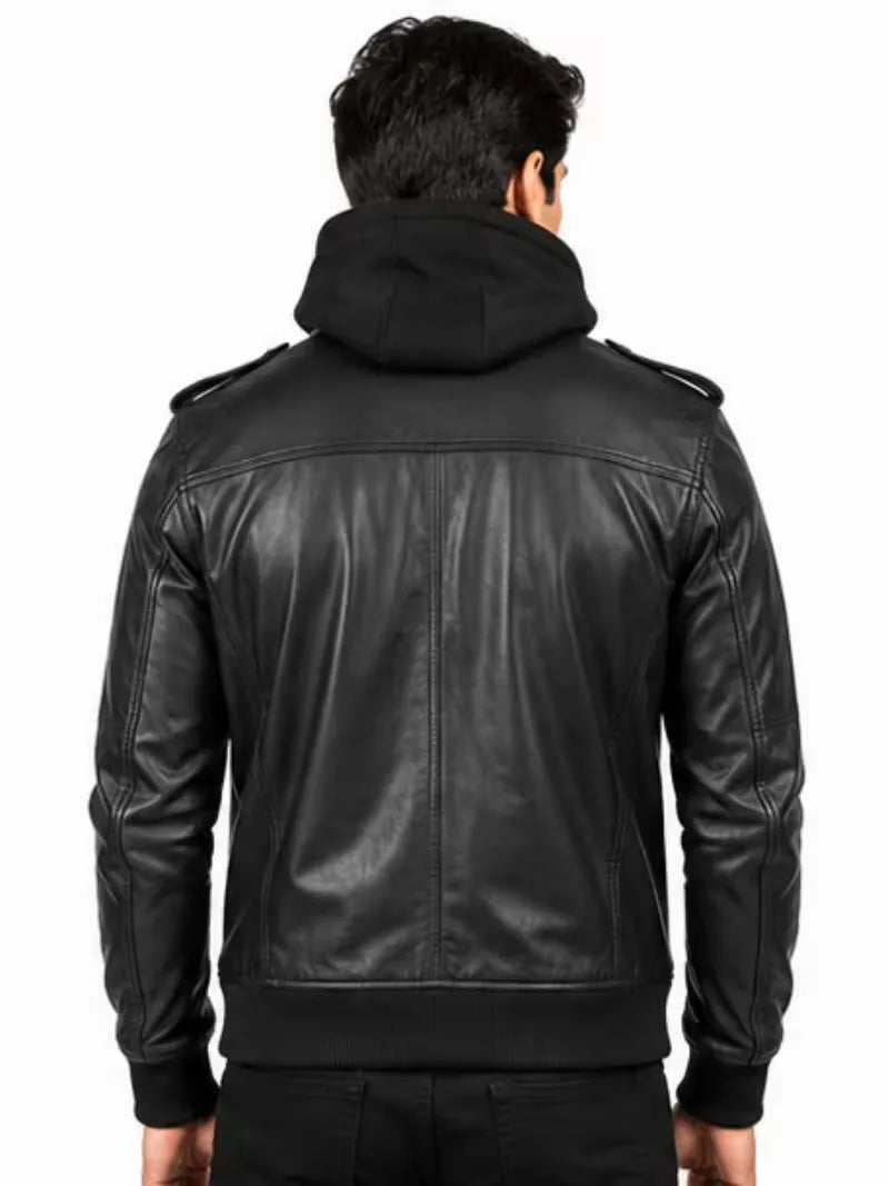 Men's black real leather hooded jacket, back view