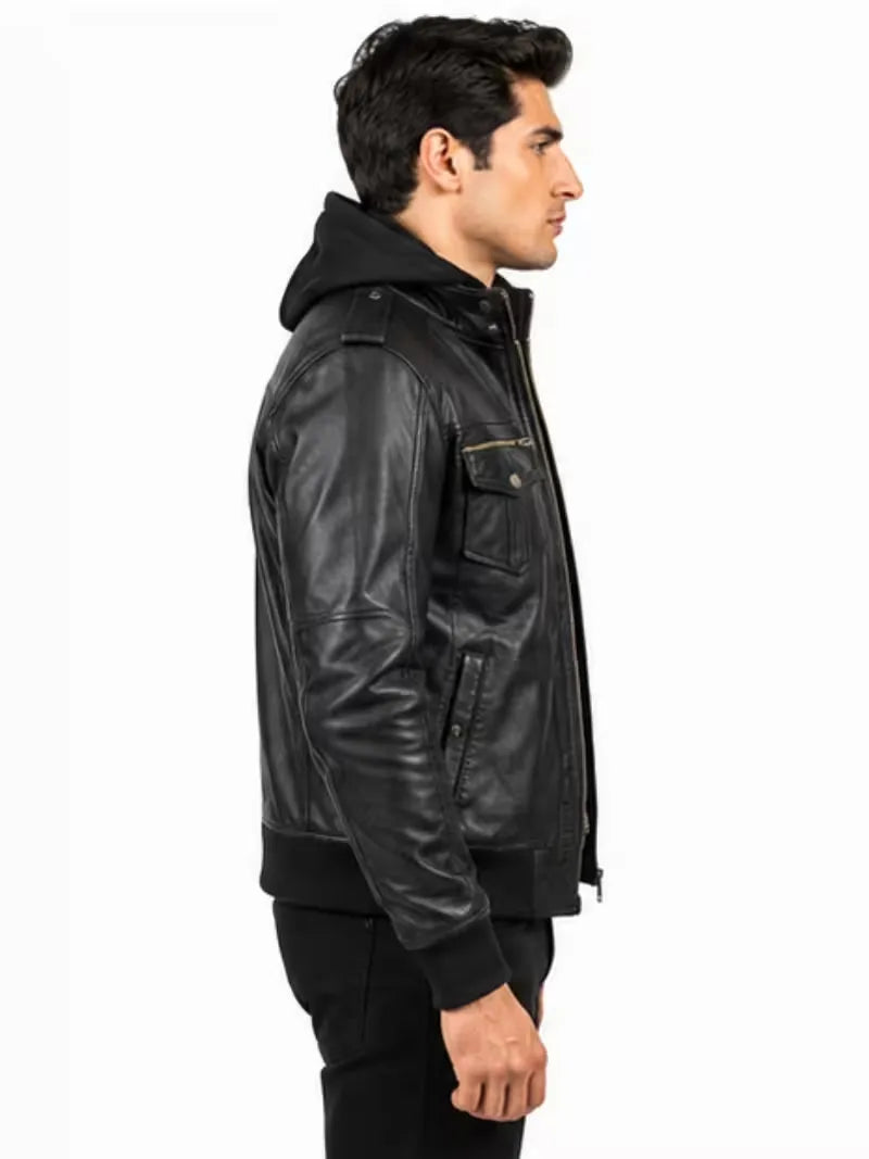 Men's black real leather hooded jacket, side view