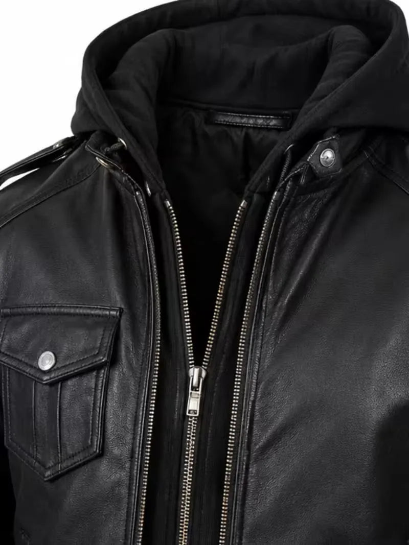 Men's black real leather hooded jacket, full length