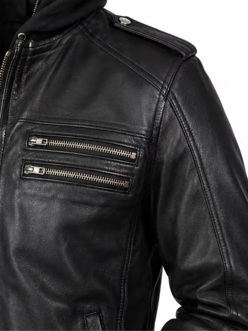 Men's black real leather hooded jacket, worn on model