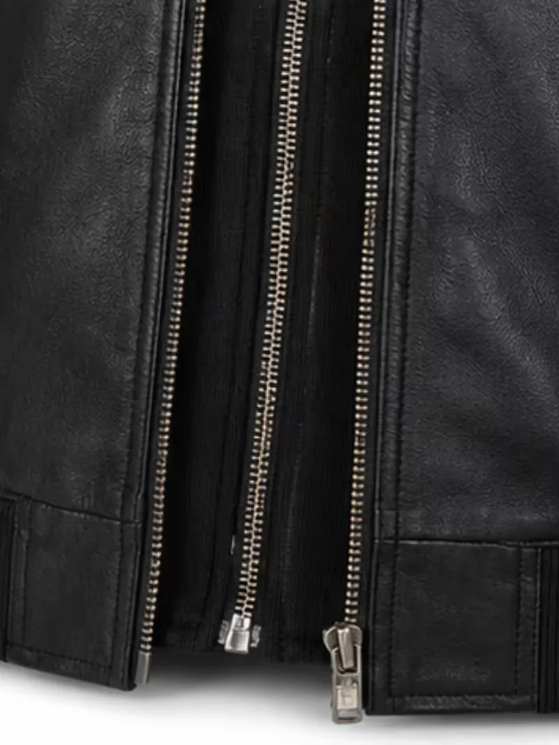 Men's black real leather hooded jacket, front view