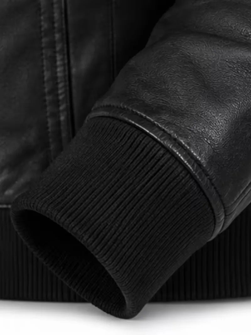 Men's black real leather hooded jacket, back view