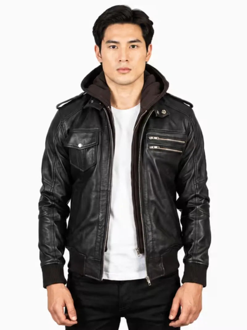 Men's black real leather hooded jacket, zip and closure detail