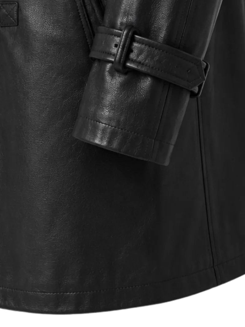 Men's black sheepskin leather hooded jacket, lining detail