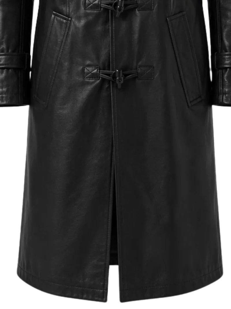 Men's black sheepskin leather hooded jacket, pocket detail