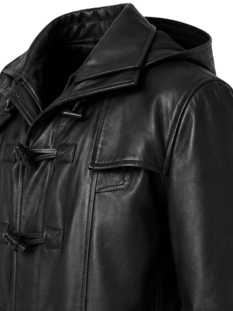 Men's black sheepskin leather hooded jacket, cuff detail