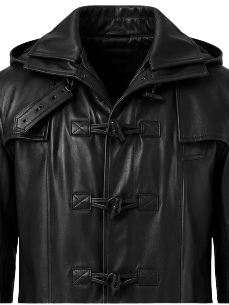 Men's black sheepskin leather hooded jacket, zip and closure detail