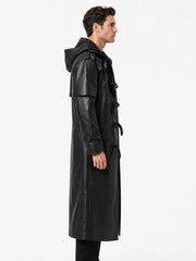 Men's black sheepskin leather hooded jacket, side view