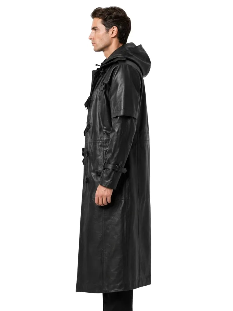 Men's black sheepskin leather hooded jacket, collar detail