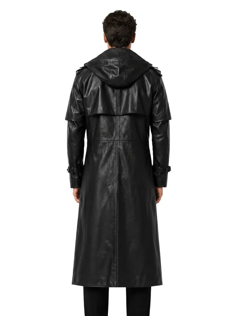 Men's black sheepskin leather hooded jacket, back view