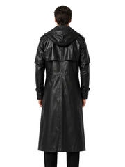 Men's black sheepskin leather hooded jacket, back view