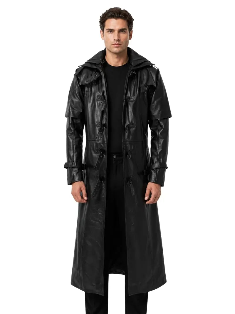 Men's black sheepskin leather hooded jacket, front view
