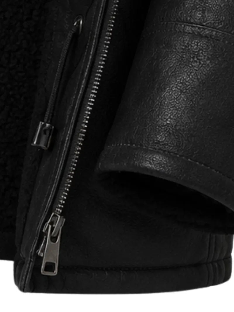 Men's black sheepskin leather hooded jacket, lining detail