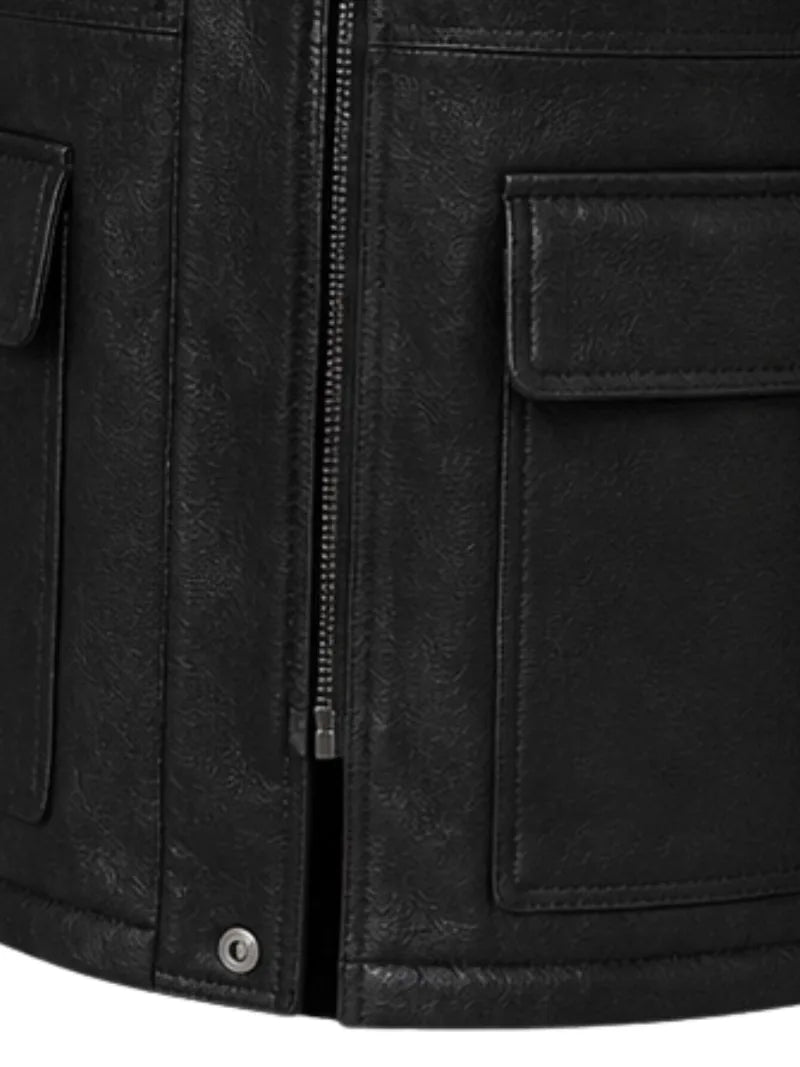 Men's black sheepskin leather hooded jacket, pocket detail