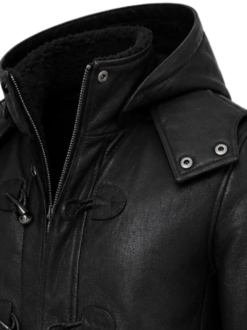 Men's black sheepskin leather hooded jacket, cuff detail