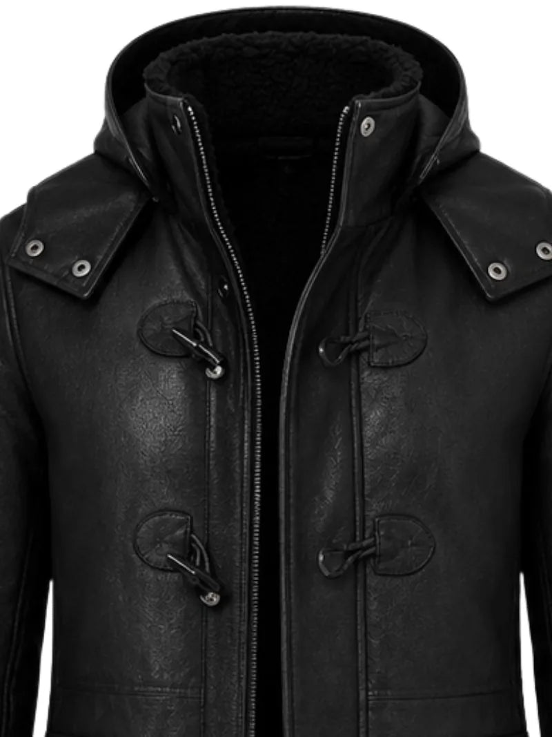 Men's black sheepskin leather hooded jacket, zip and closure detail