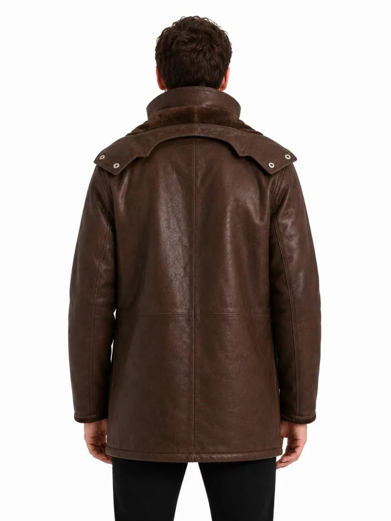 Men's black sheepskin leather hooded jacket, collar detail