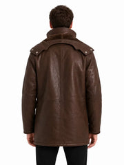 Men's black sheepskin leather hooded jacket, collar detail