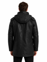 Men's black sheepskin leather hooded jacket, back view