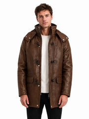 Men's black sheepskin leather hooded jacket, side view