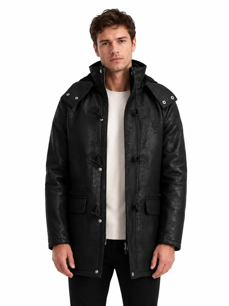 Men's black sheepskin leather hooded jacket, front view