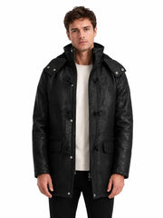 Men's black sheepskin leather hooded jacket, front view