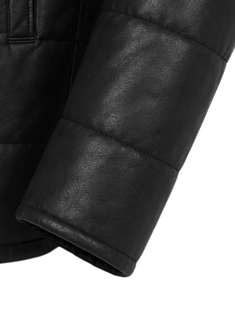 Men's black sheepskin leather hooded jacket, lining detail