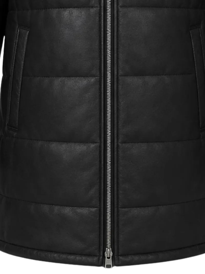 Men's black sheepskin leather hooded jacket, pocket detail