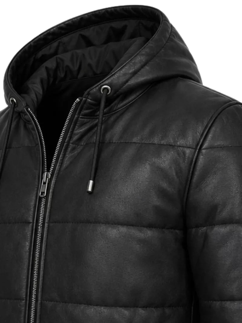 Men's black sheepskin leather hooded jacket, cuff detail