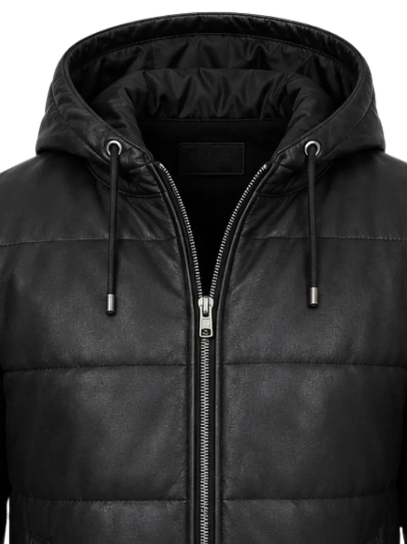 Men's black sheepskin leather hooded jacket, zip and closure detail
