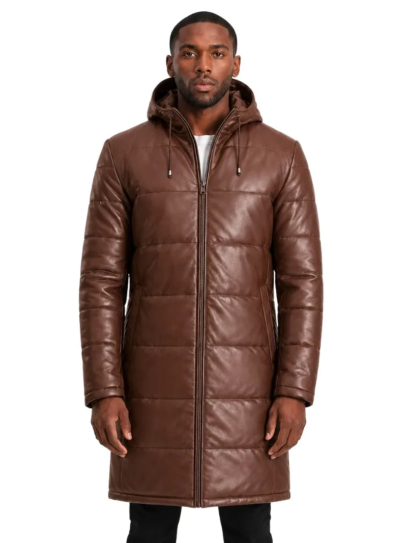Men's Black Sheepskin Leather Hooded Jacket with Horizontal Quilted Panels