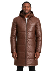 Men's black sheepskin leather hooded jacket, side view