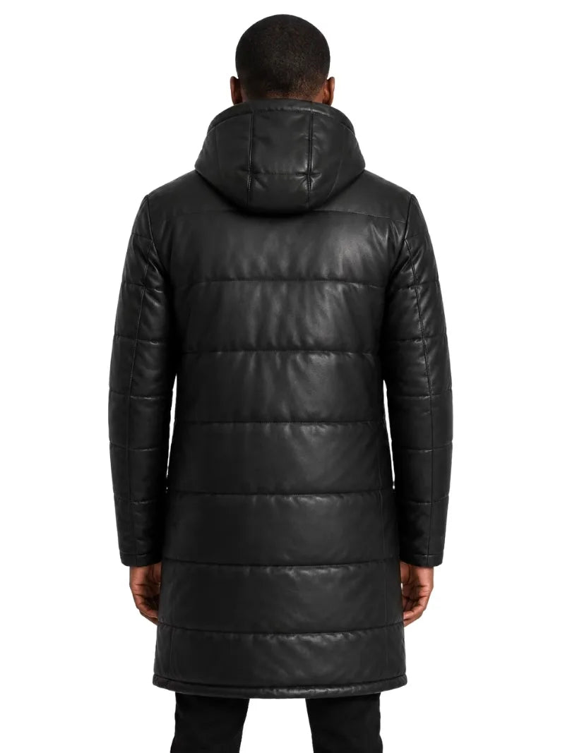 Men's black sheepskin leather hooded jacket, back view