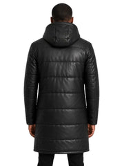 Men's black sheepskin leather hooded jacket, back view