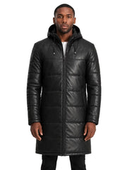 Men's black sheepskin leather hooded jacket, front view