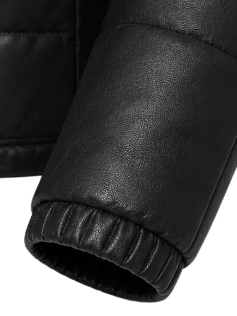 Men's black sheepskin leather hooded jacket, lining detail