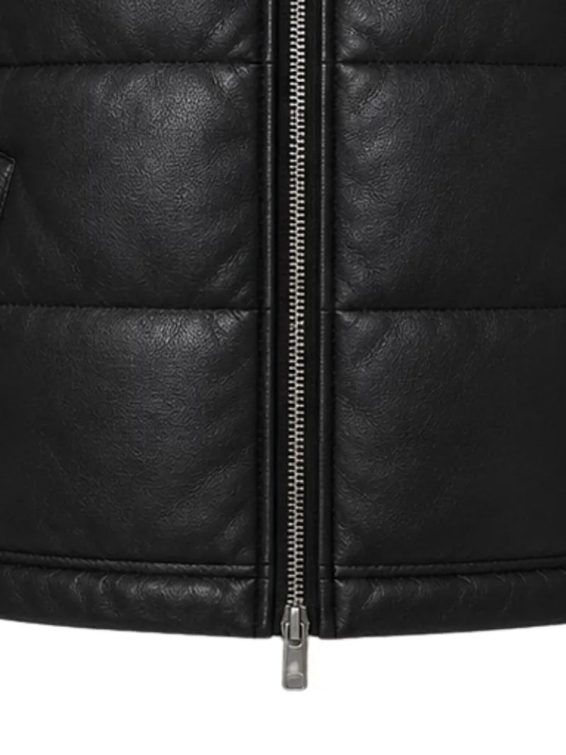 Men's black sheepskin leather hooded jacket, pocket detail