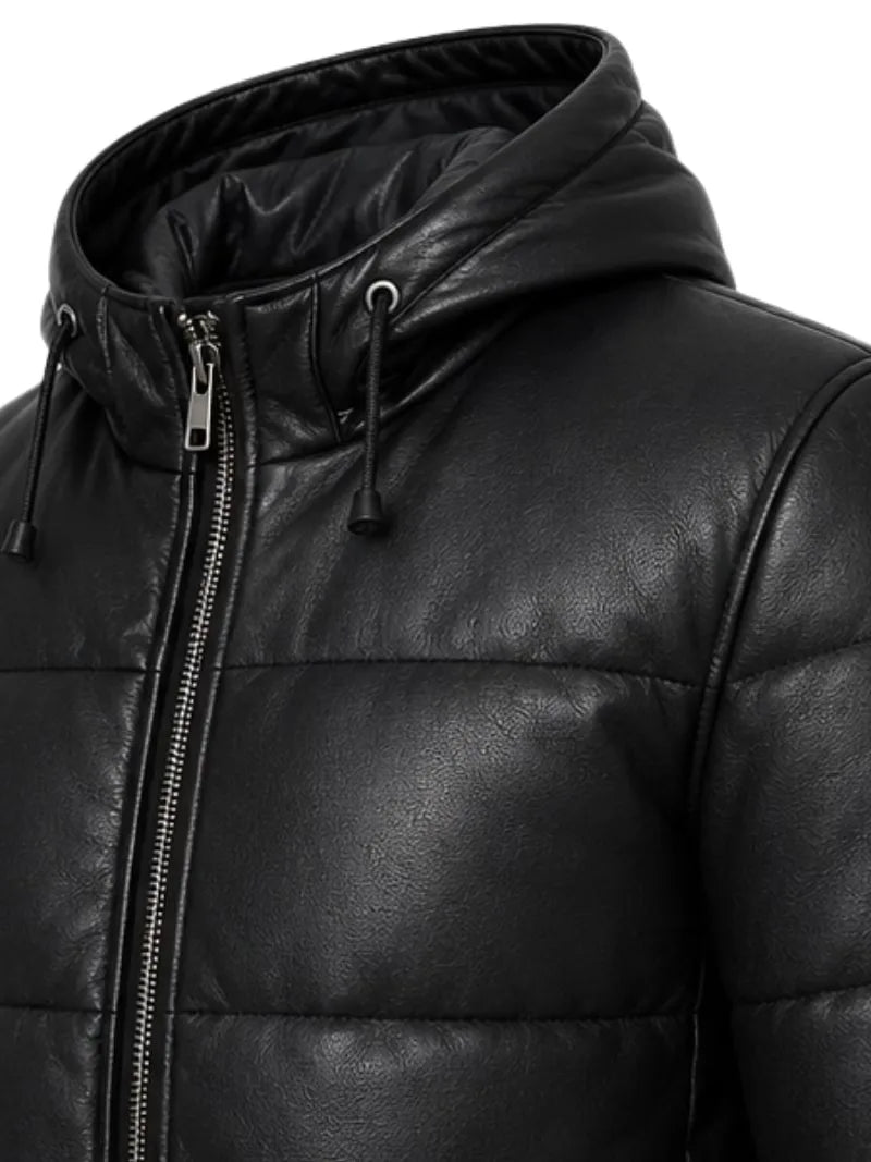 Men's black sheepskin leather hooded jacket, cuff detail
