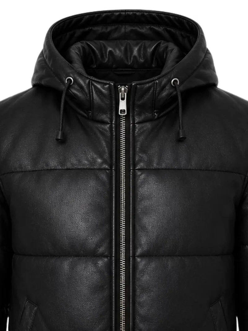 Men's black sheepskin leather hooded jacket, zip and closure detail