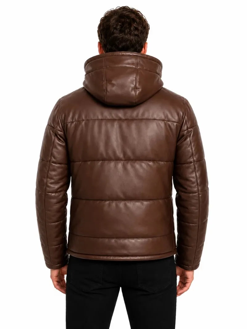 Men's black sheepskin leather hooded jacket, collar detail
