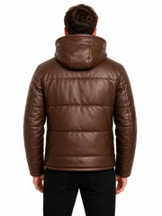 Men's black sheepskin leather hooded jacket, collar detail