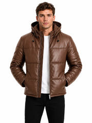 Men's black sheepskin leather hooded jacket, side view