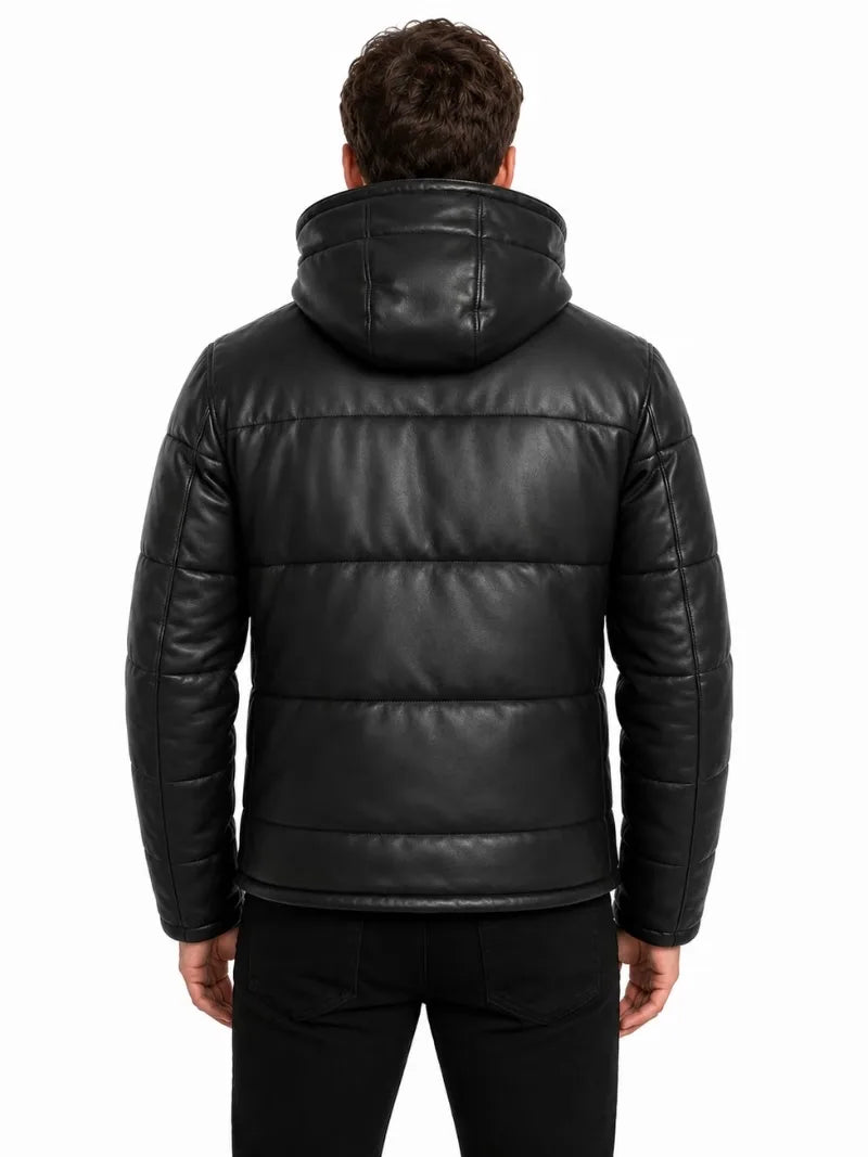 Men's black sheepskin leather hooded jacket, back view
