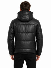 Men's black sheepskin leather hooded jacket, back view