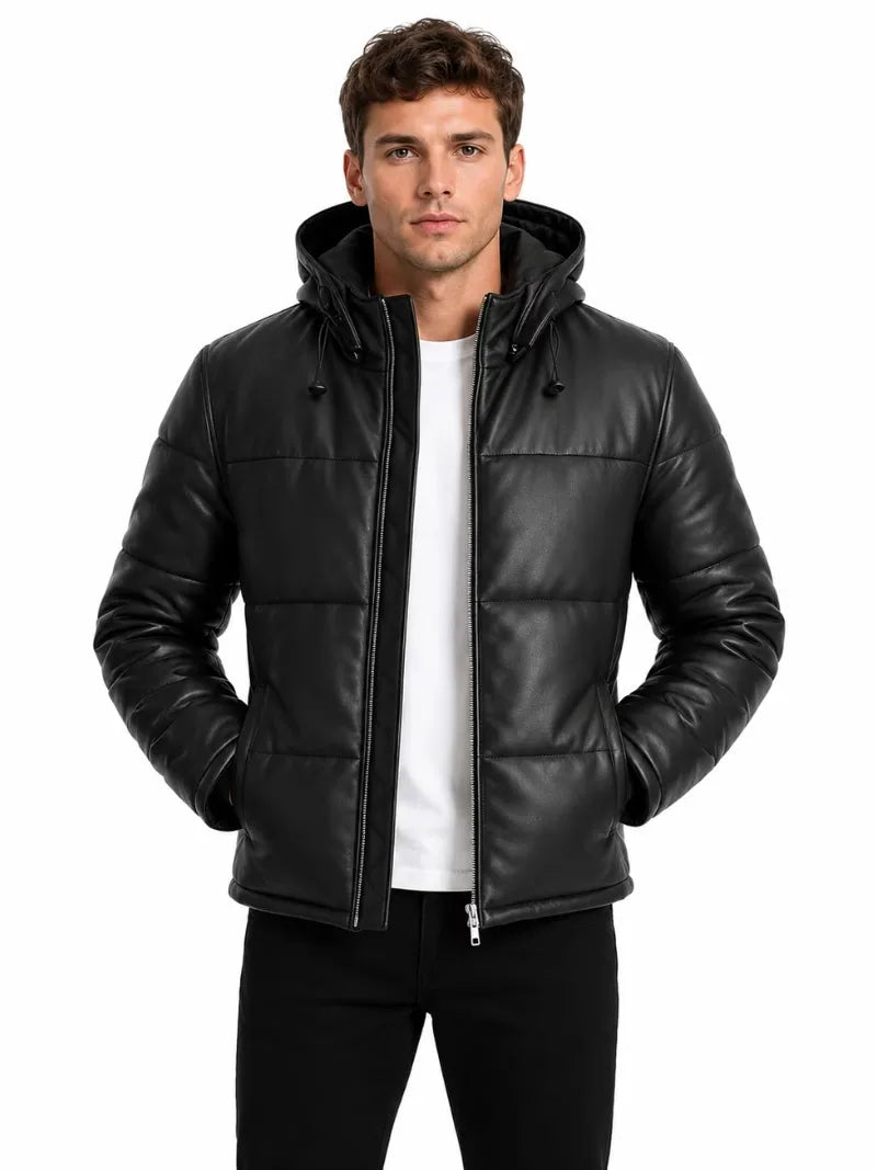 Men's black sheepskin leather hooded jacket, front view