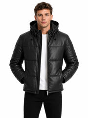 Men's black sheepskin leather hooded jacket, front view