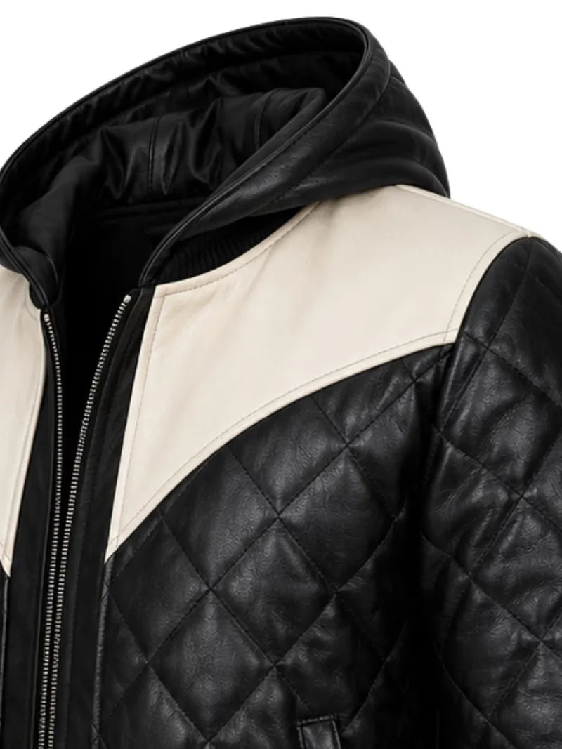 Men's black sheepskin leather hooded jacket, cuff detail