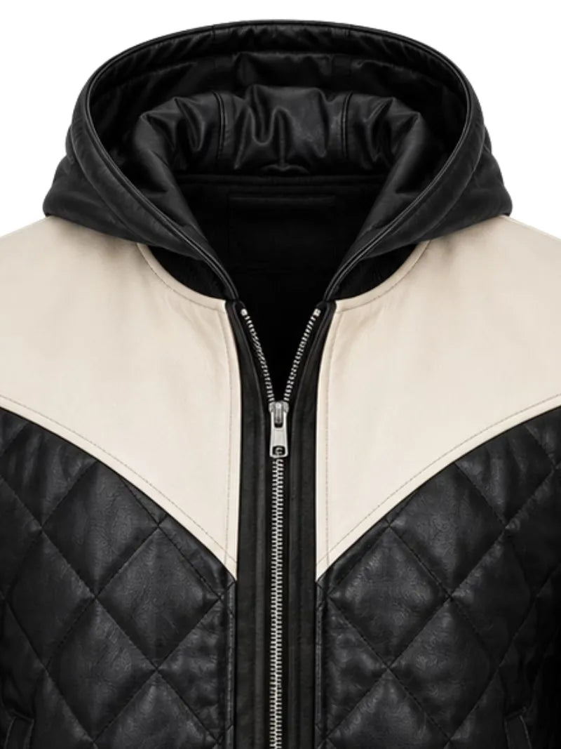 Men's black sheepskin leather hooded jacket, zip and closure detail