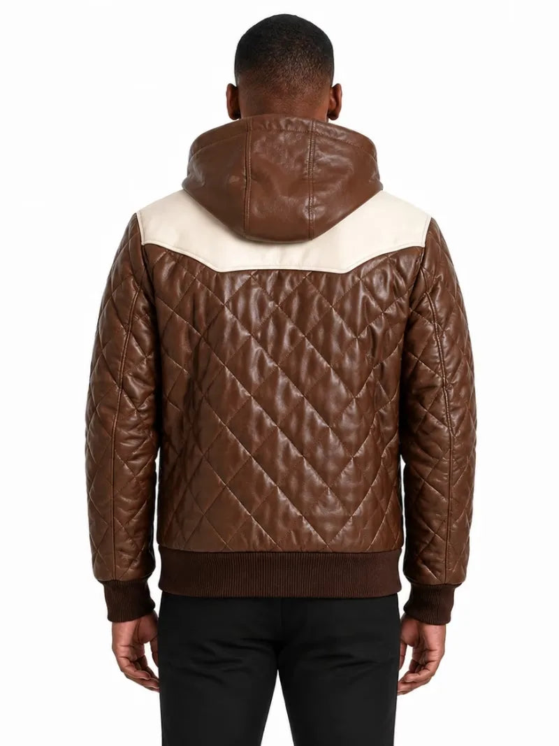 Men's black sheepskin leather hooded jacket, collar detail