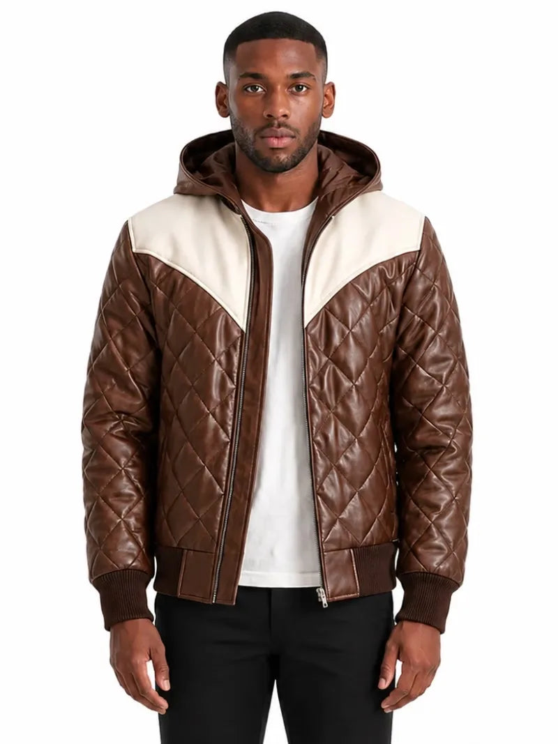 Men's black sheepskin leather hooded jacket, side view